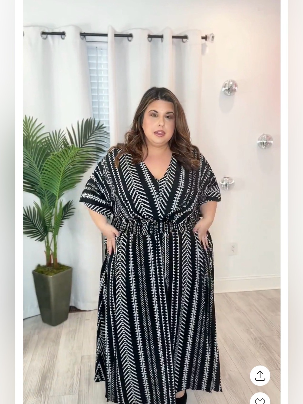 Plus-Size V-Neck Black & White Patterned Maxi Dress
